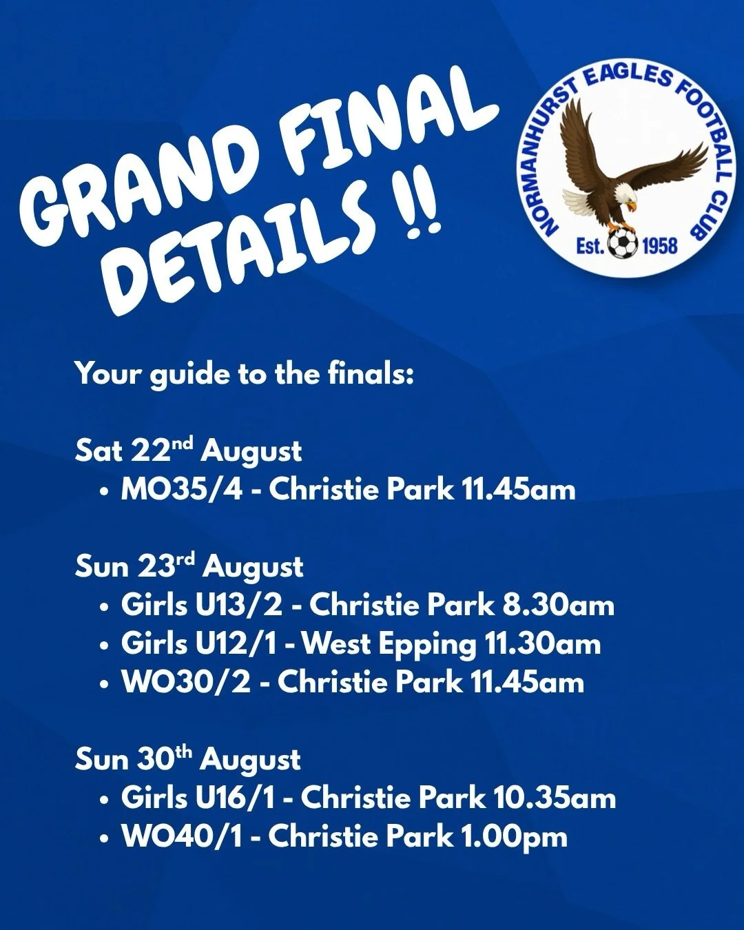 We have so many teams in grand finals over the next two weeks that we had to make a guide!! 😀 

Let&rsquo;s get out to the grounds and support them with our incredible Normo Spirit !!!

We have a heap of spare jerseys that we are giving away from la