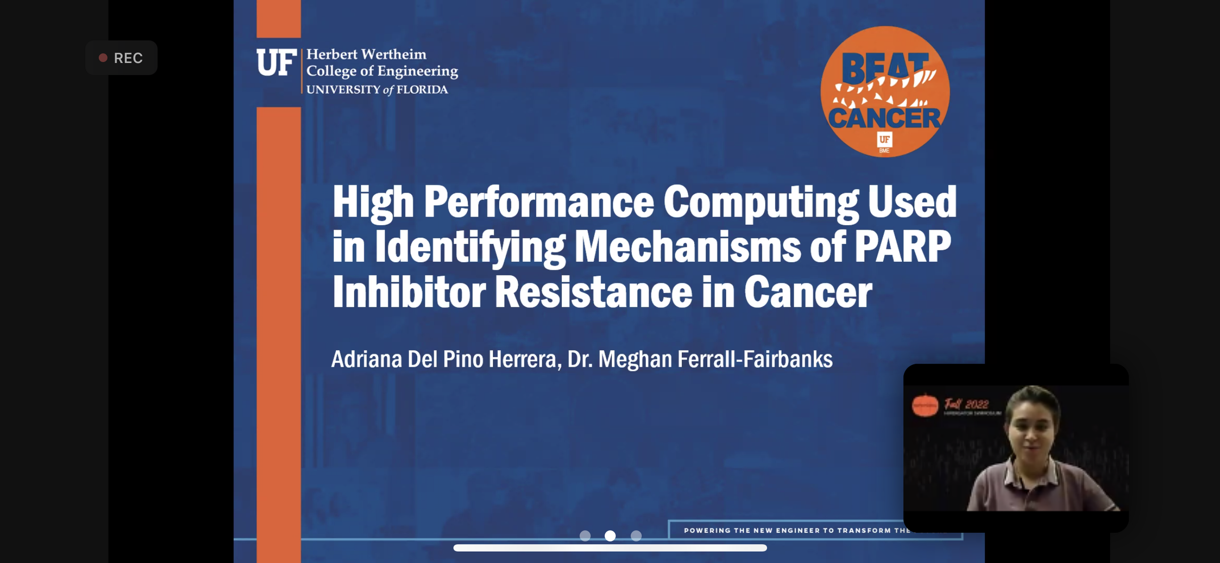 Adriana presents a lighting talk at the Fifth Annual Fall HiPerGator Symposium on using high performance resources to understand mechanisms of resistance in cancer