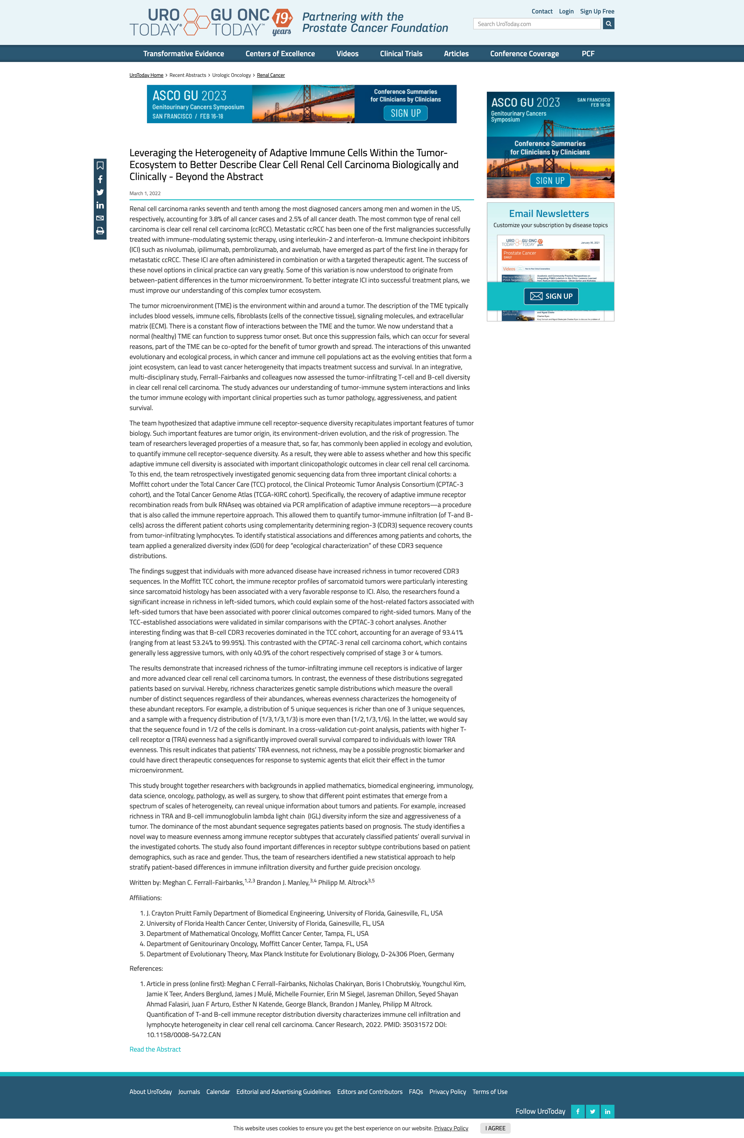 Leveraging the Heterogeneity of Adaptative Immune cells Within the Tumor-Ecosystem to Better Describe Clear Cell Renal Cell Carcinoma Biologically and Clinically – Beyond the Abstract