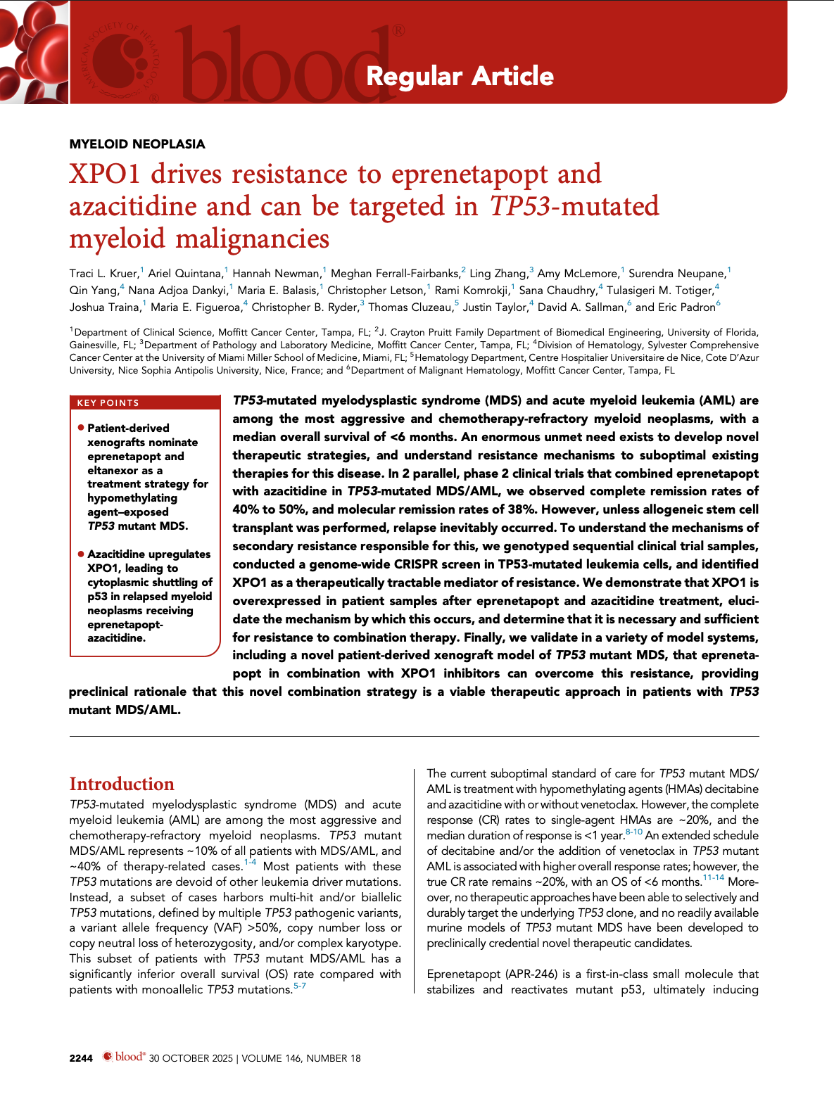 XPO1 drives resistance to eprenetapopt and azacitidine and can be targeted in TP53-mutated myeloid malignancies