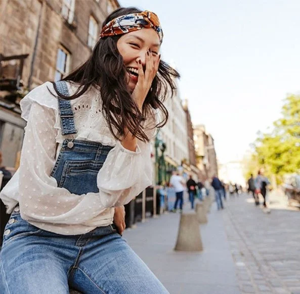 Promod Collection - shoot Royal mile, Edinburgh - model wears dungarees and headscarf