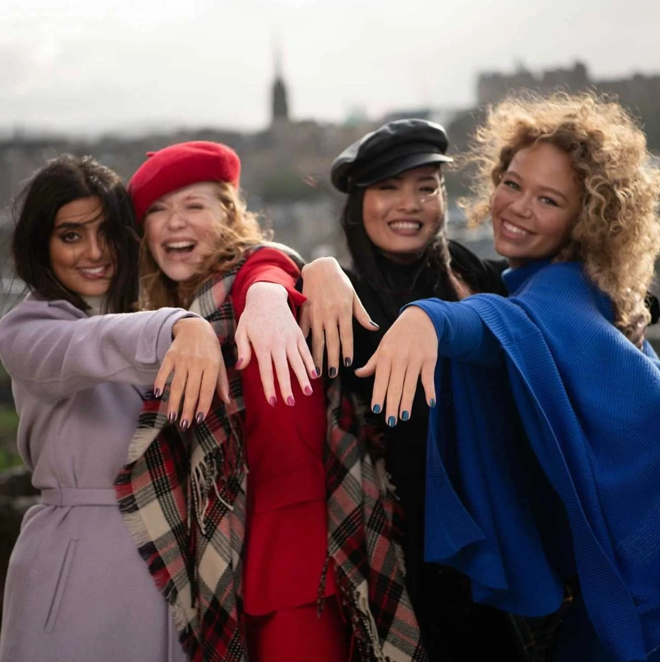 Hair and Makeup for the models on O.P.I's, Scottish Collection on Location in Edinburgh, Scotland. Models wear checks and tartans