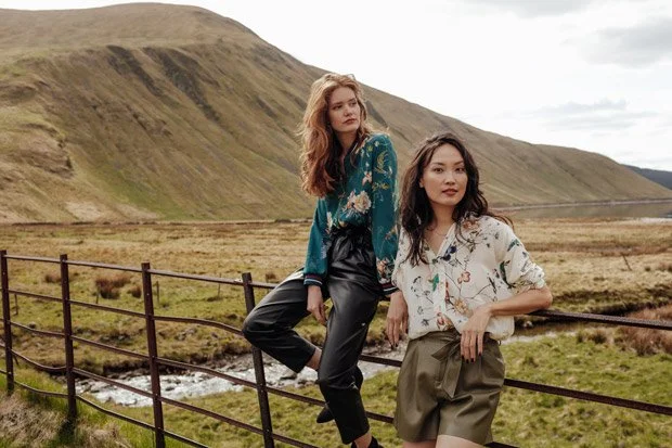 Promod 2018 collection - Models in the Scottish Countryside wearing leather skirt and trousers and floral blouses