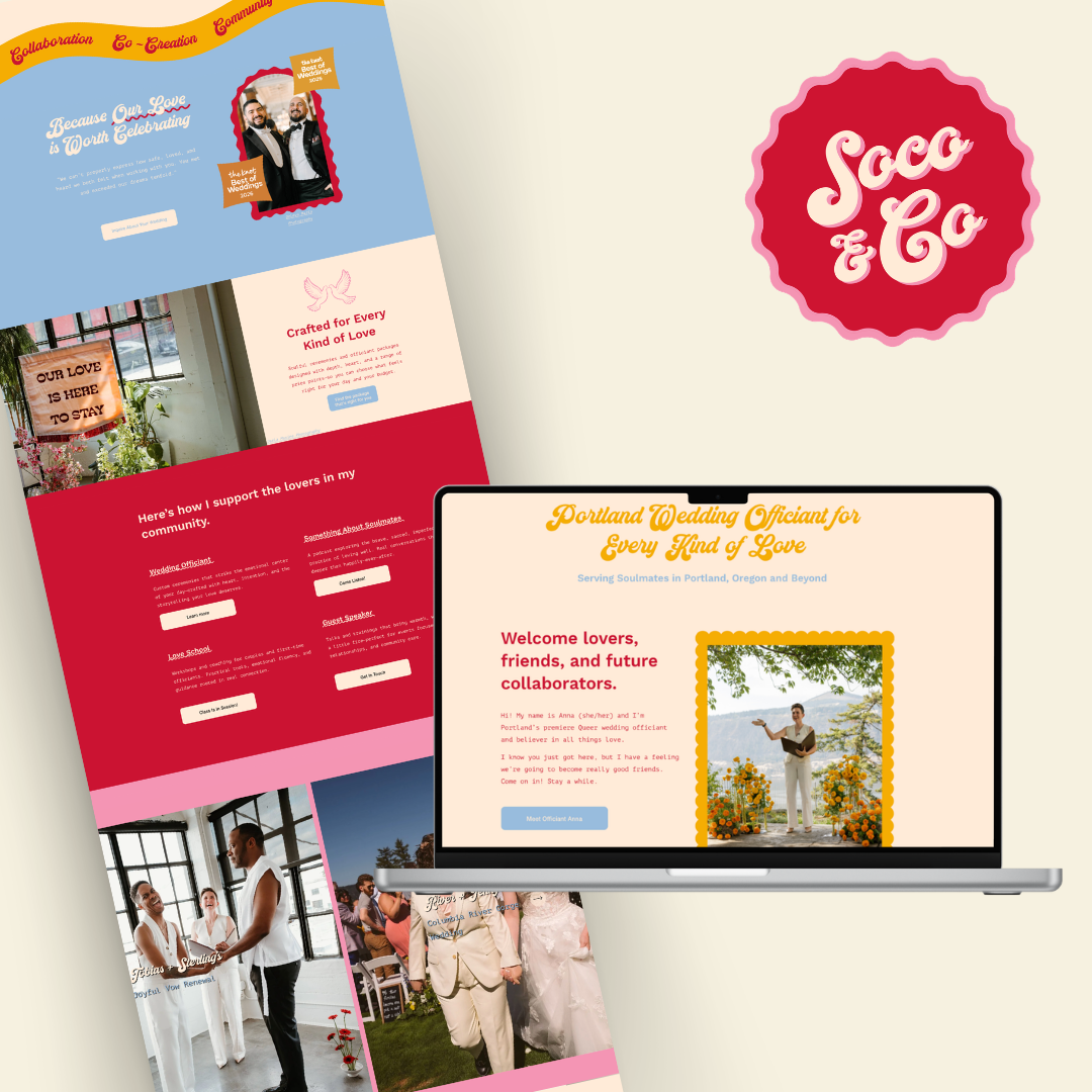 Client Story: A Bright, Bold Brand + Website Refresh for a Portland Queer Wedding Officiant, Anna Socolofsky of Soco &amp; Co