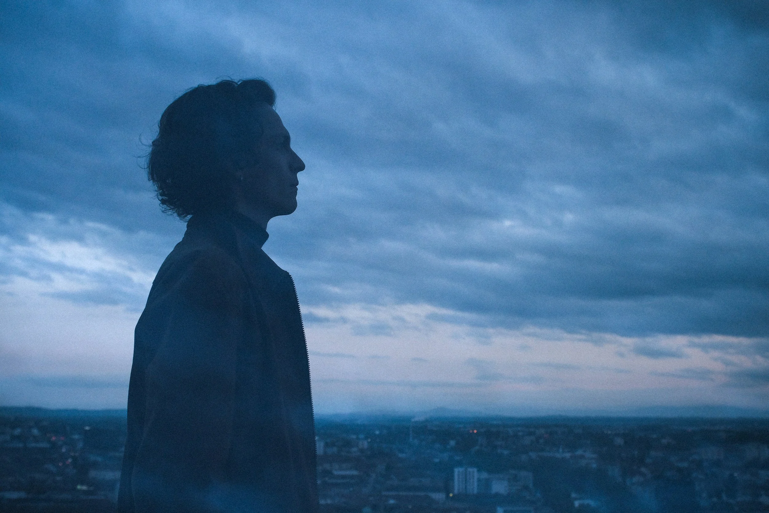 Silhouette of a person with curly hair, standing against a cloudy evening sky above a cityscape.