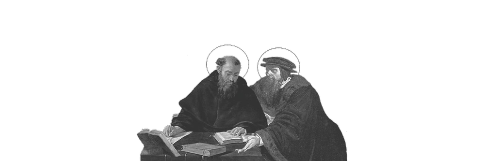 An engraving of Augustine and Calvin reading together at a desk.