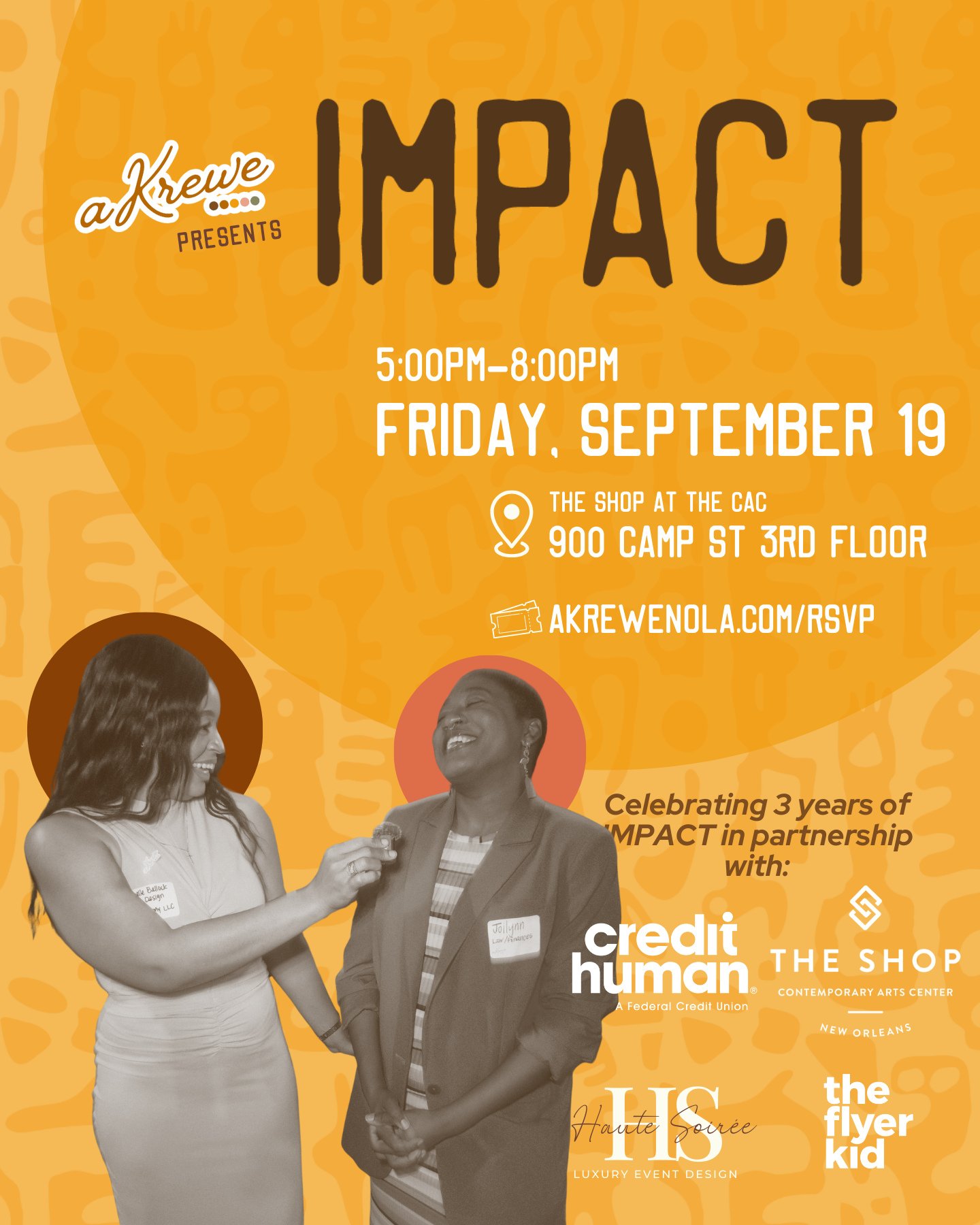 we're ready to celebrate together. are you joining us?
🫱🏽‍🫲🏿: impact x aKrewe
📍: The Shop at the CAC | 900 camp st. 3rd floor
🗓️: friday, september 19 | 5-8pm
🎟️: aKrewenola.com/rsvp