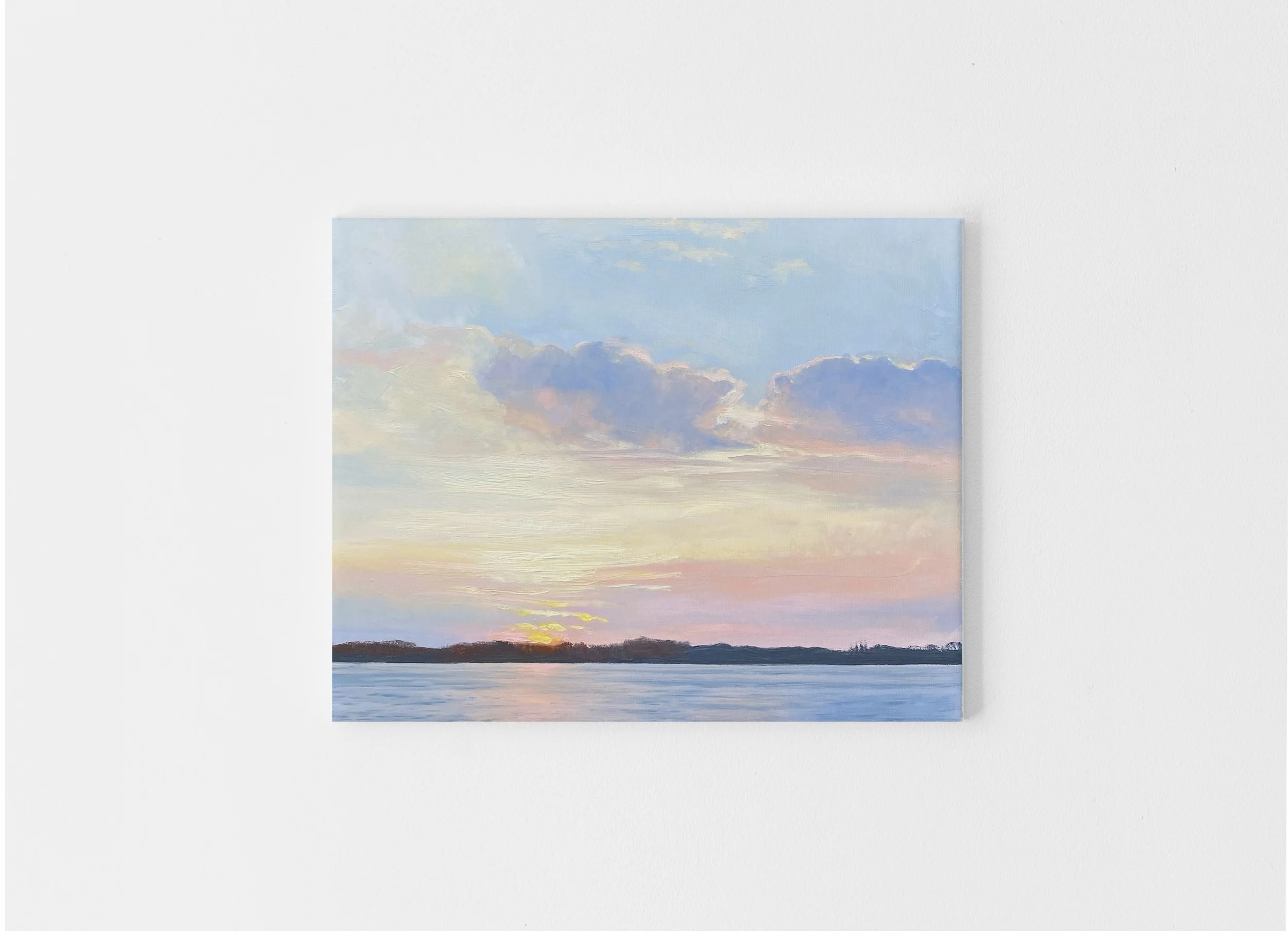 Painting of a sunset over a body of water with a distant horizon, featuring soft pastel colors and clouds in the sky.