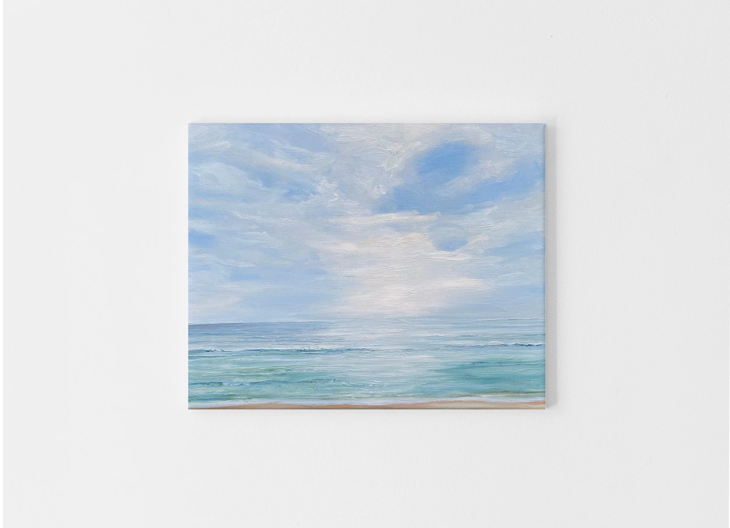 A painting of a seascape with a cloudy sky, calm ocean, and greenish shoreline.