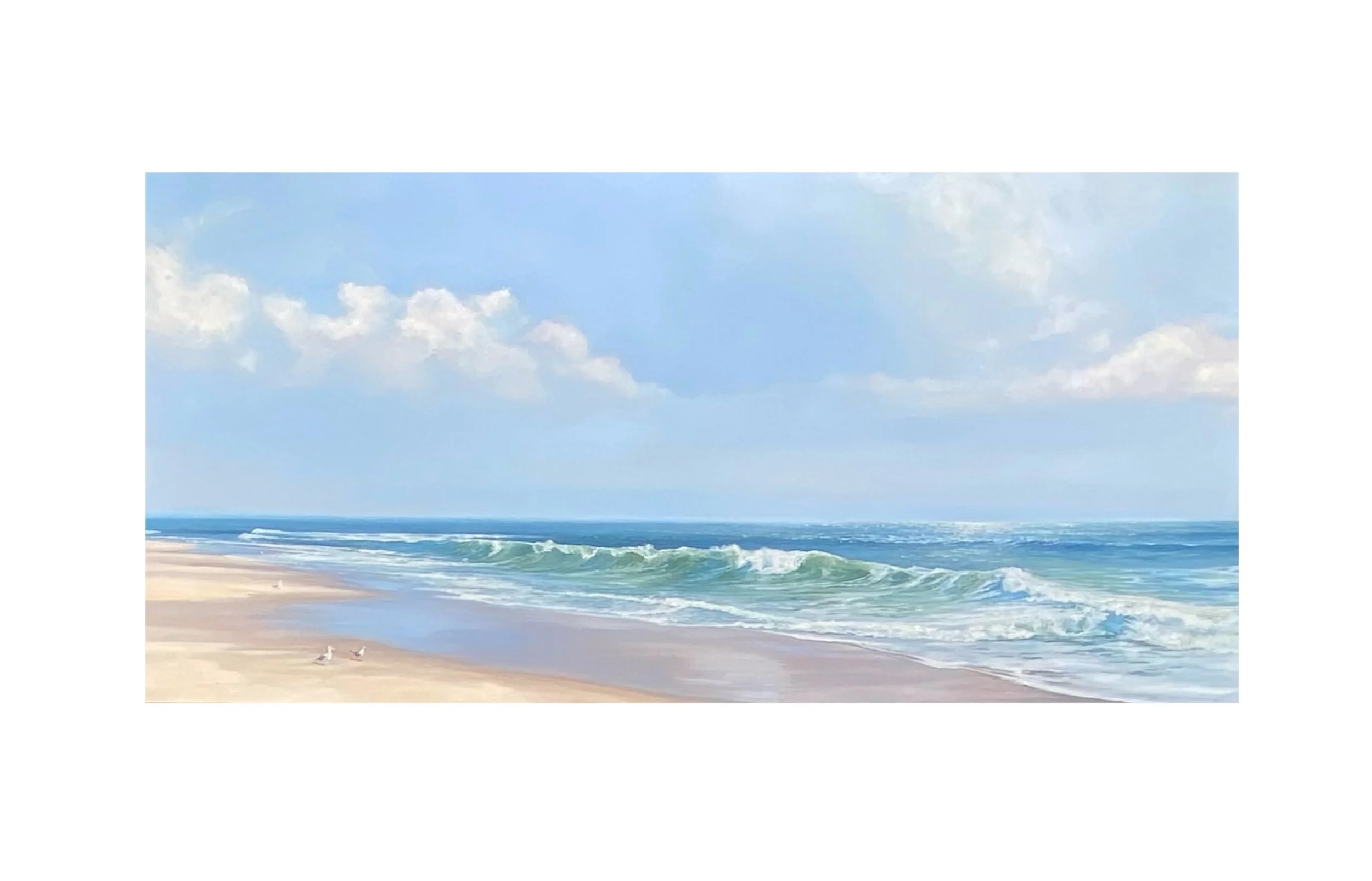 A serene beach with gentle waves crashing onto the sandy shore under a partly cloudy sky, with seagulls standing on the sand.