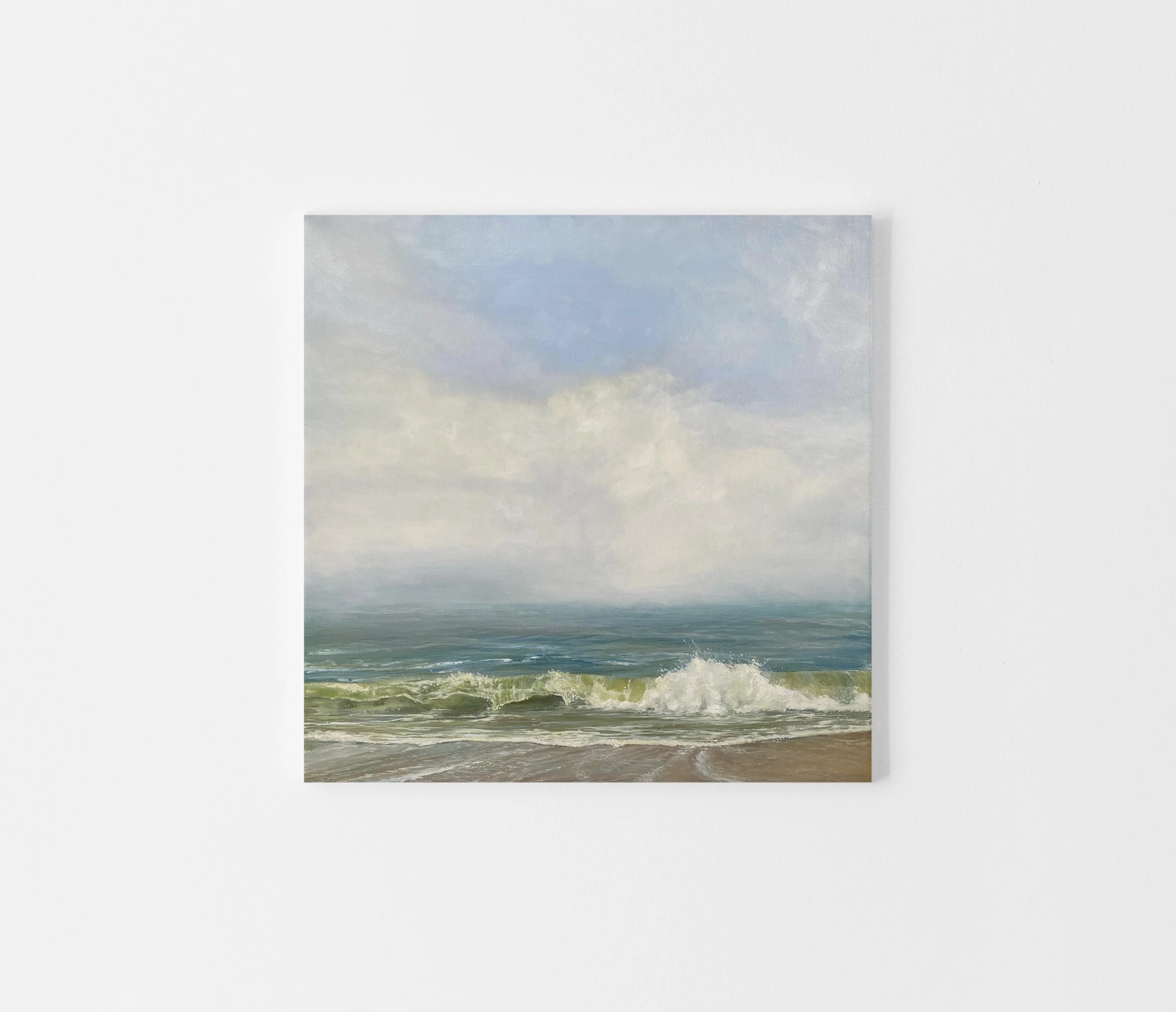 A painting of a seascape with a cloudy sky, ocean waves, and a sandy beach in the foreground.