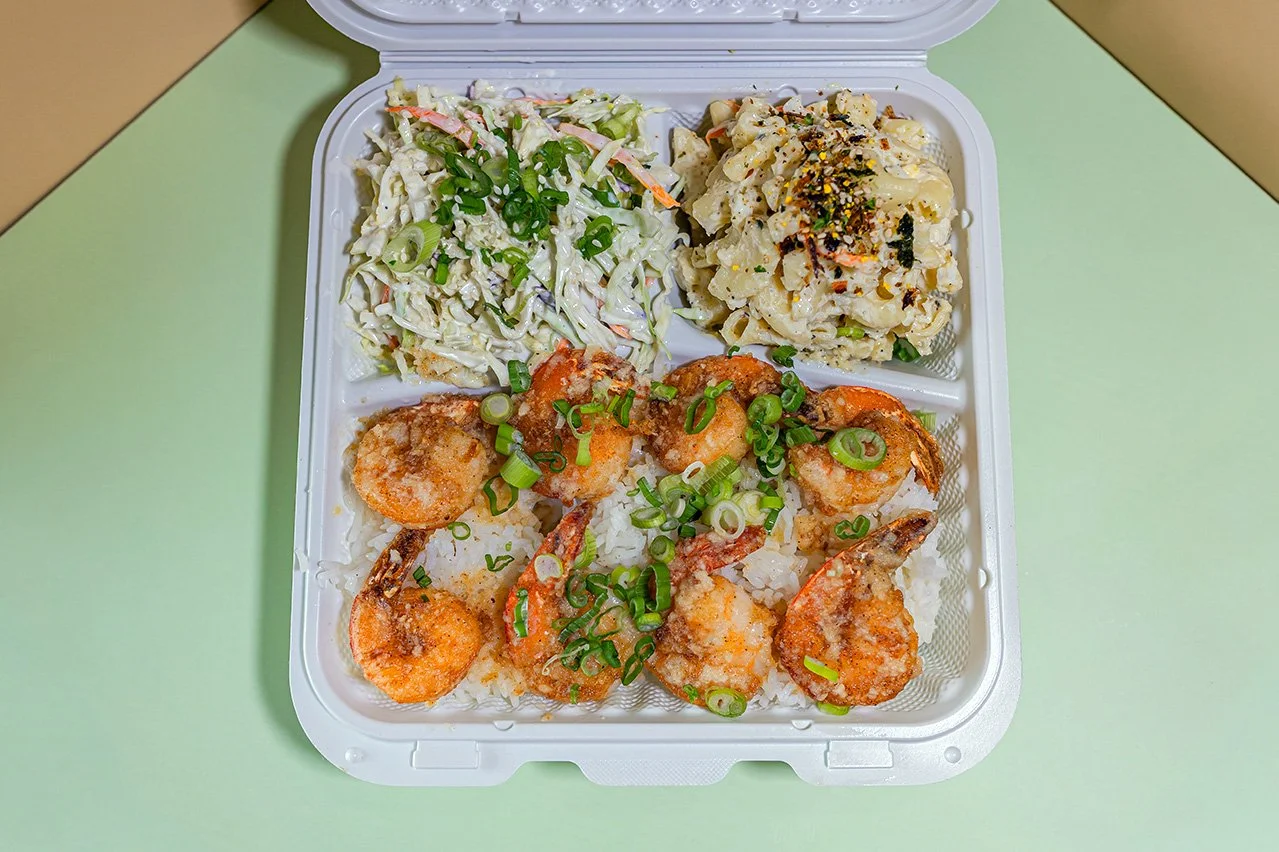Garlic Butter Shrimp special menu item with Shrimp, Garlic, Butter, Served with White Rice, Macaroni Salad, House Slaw.