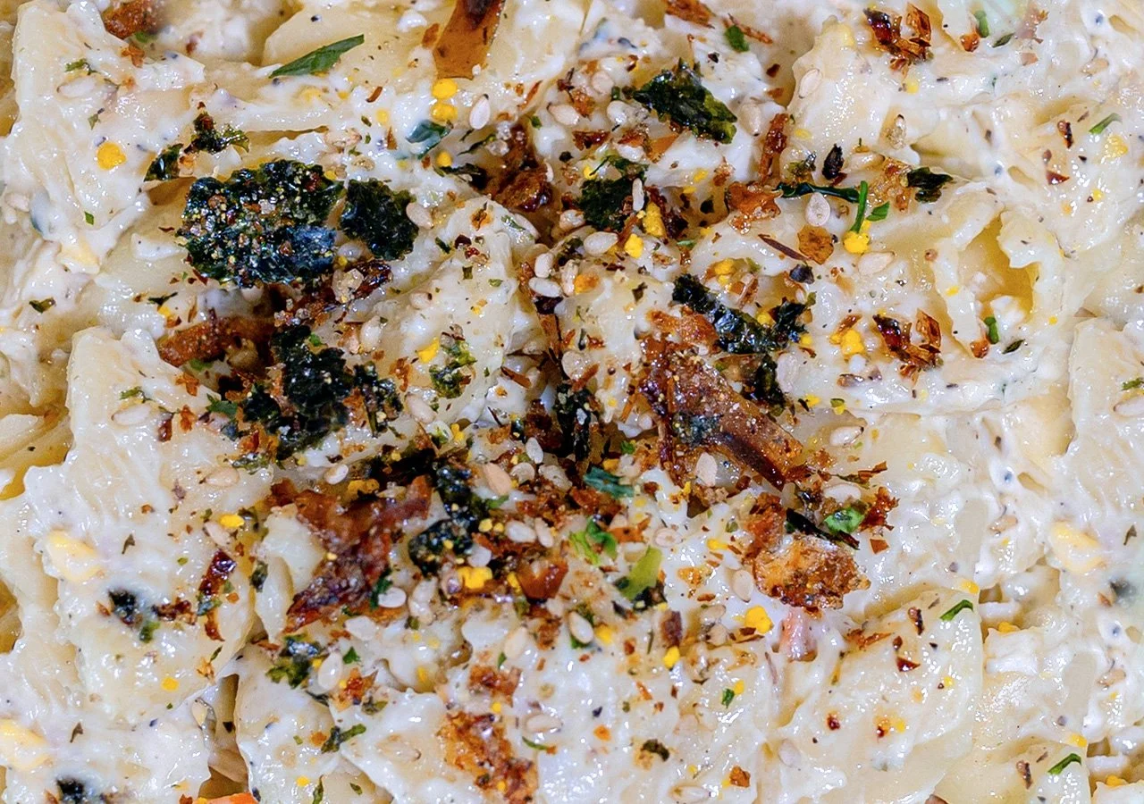 Image of macaroni salad in full tray for catering menu.
