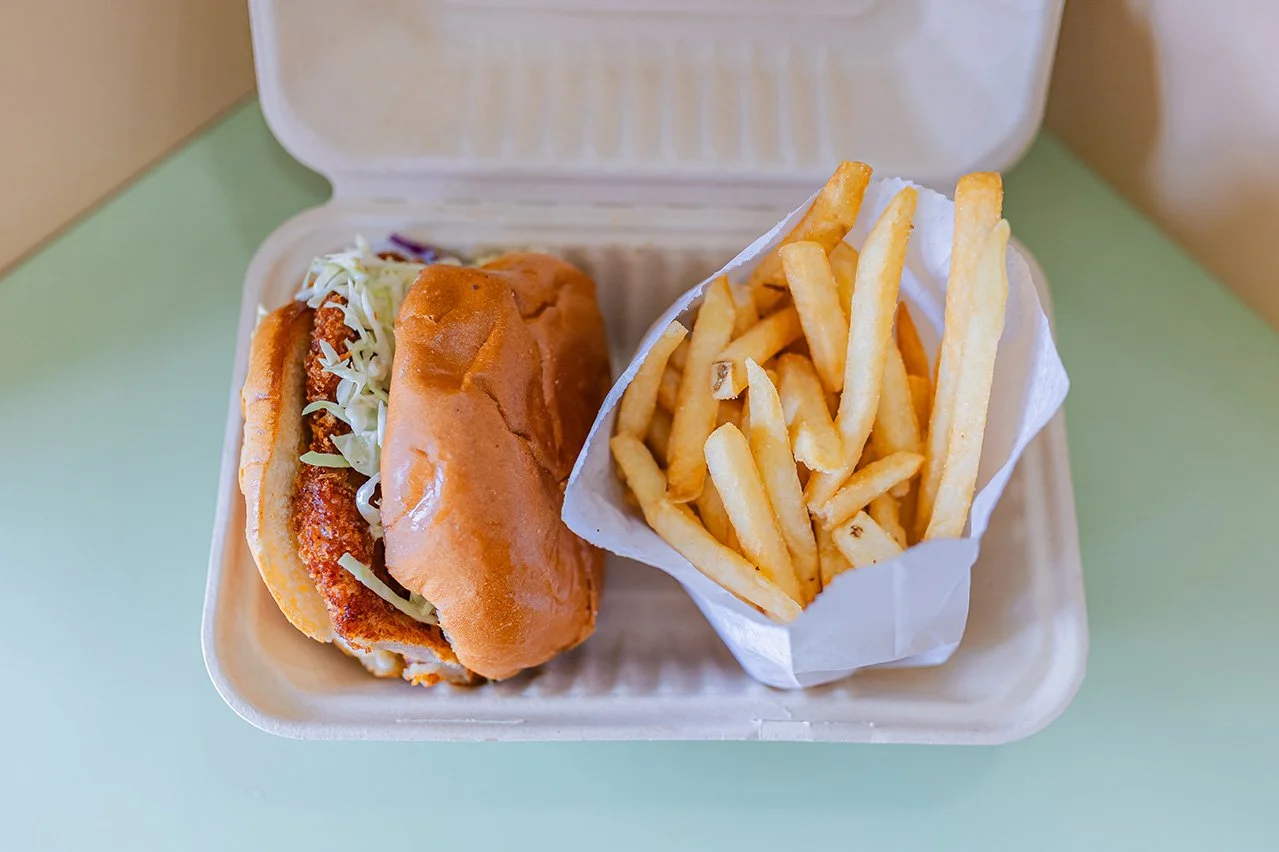 Keoni Specials Item Chicken Katsu Sandwich Panko breaded chicken, katsu sauce, house slaw, brioche bun served with fries.