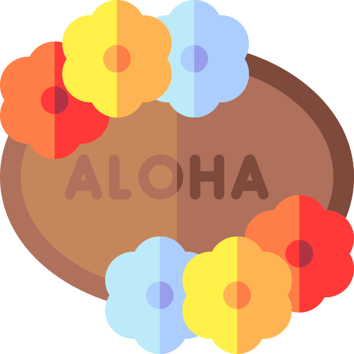 Aloha signage icon with surrounding flower to represent Hawaiian scenery and inspiration.