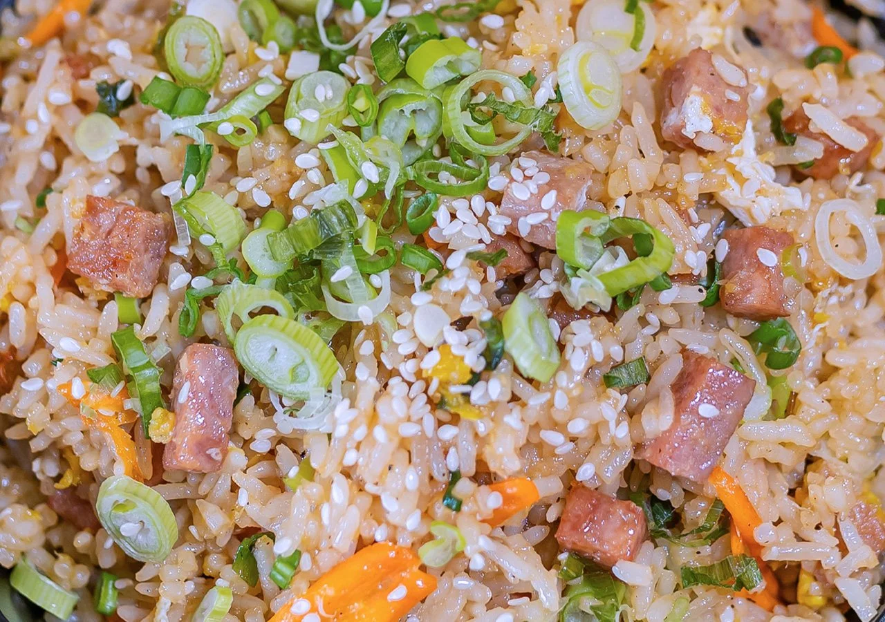 Image of spam fried rice in full tray for catering menu.