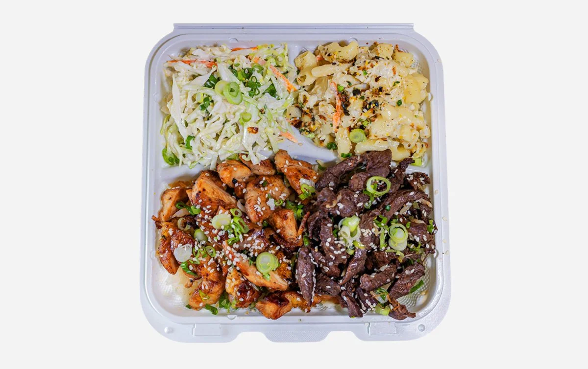 Hawaiian style Chicken and beef combination plate with macaroni  salad and house slaw over rice