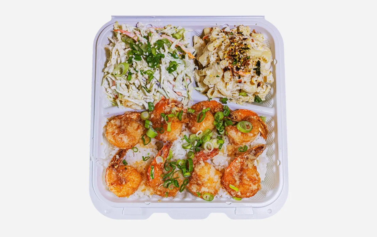Hawaiian style garlic shrimp plate with macaroni  salad and house slaw over rice