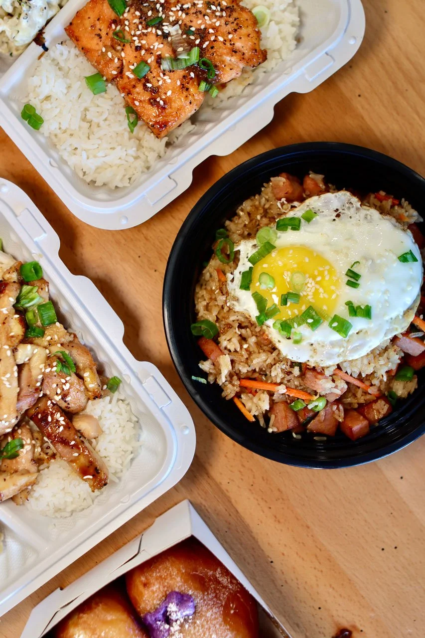 Keoni Island Food menu image of spam fried rice bowl with chicken teriyaki plate, salmon plate, and filled malasadas.