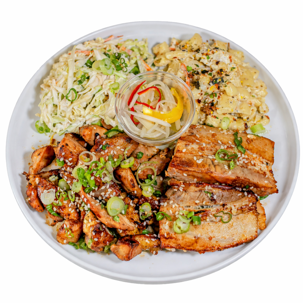 Chicken and pork combination plate with a side of macaroni over rice.