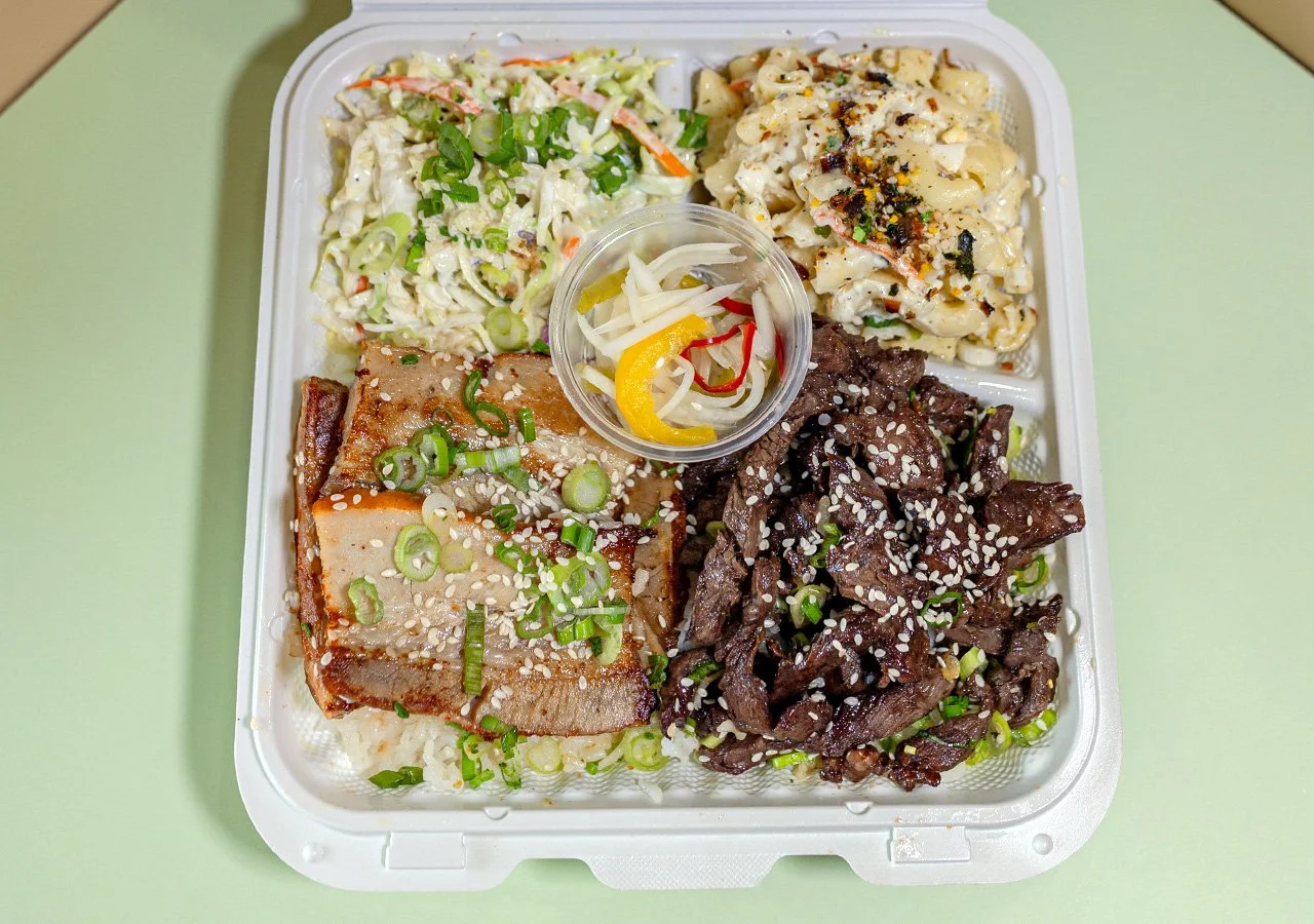 Beef of any type plus pork belly combination plate over rice with side of house slaw and macaroni salad.