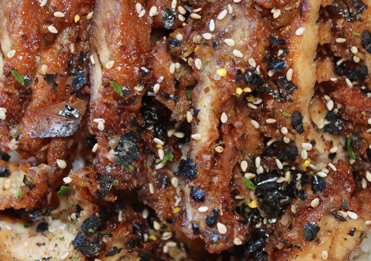 Image of furikake chicken in full tray for catering menu.