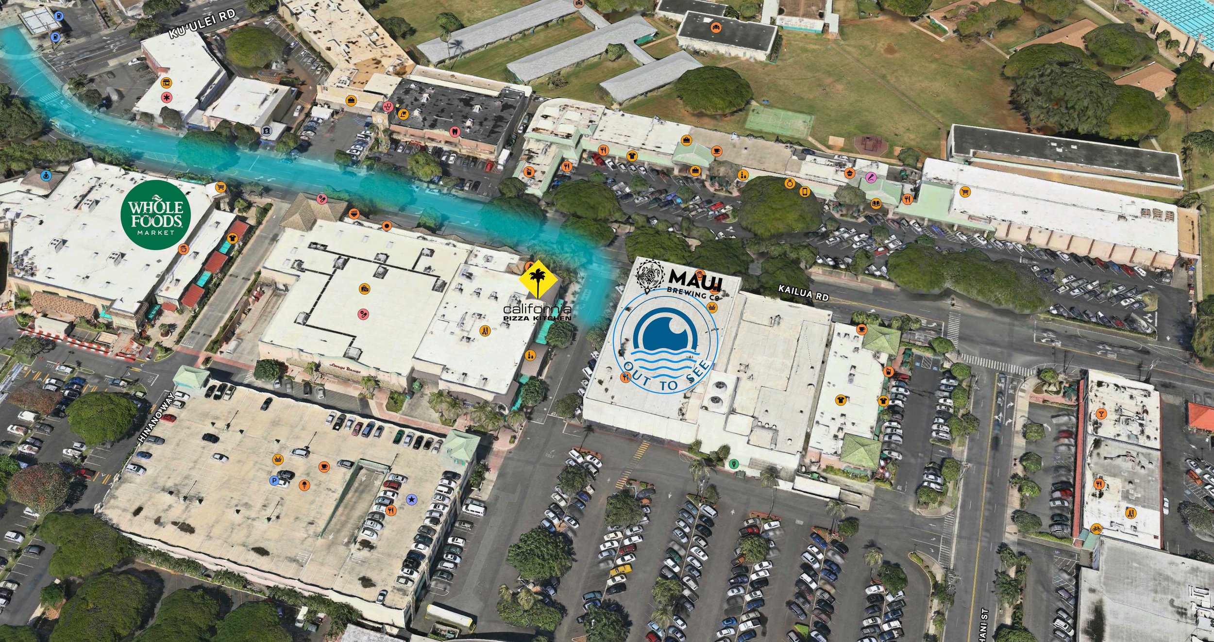 Aerial view of Lau Hala Shops location Kailua Hawaii where Out to See Vision Care is located