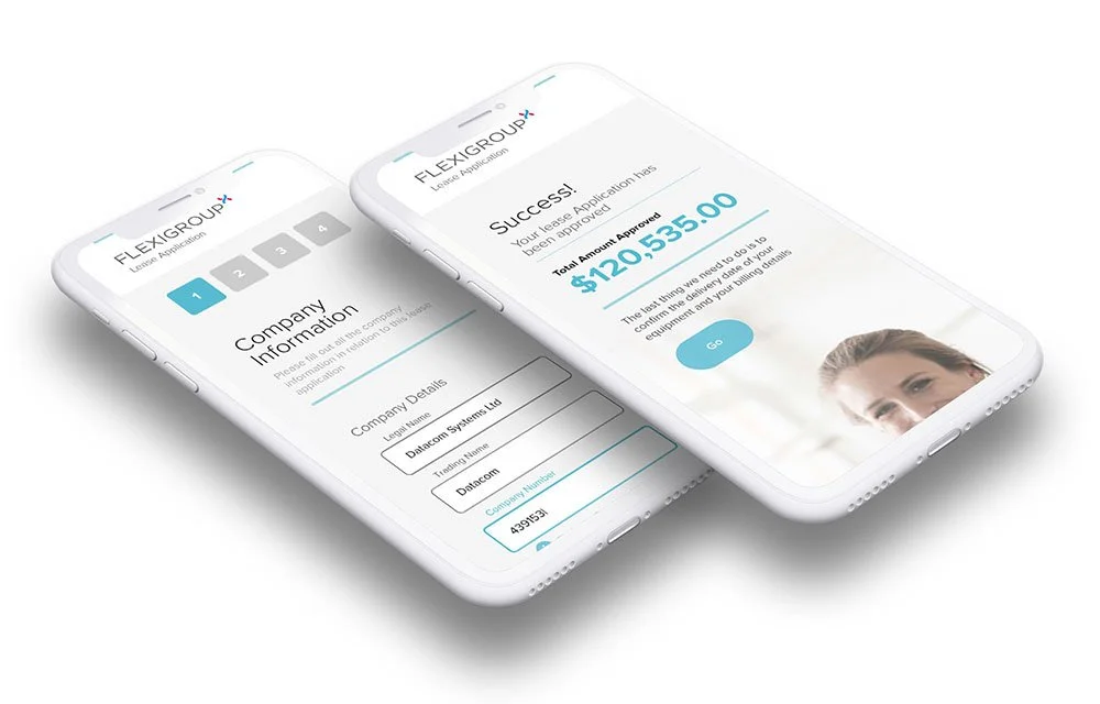 Two smartphones displaying a lease application process for FLEXIGROUP, with one screen showing company information form and the other a lease approval success message with an amount of $120,535.00.