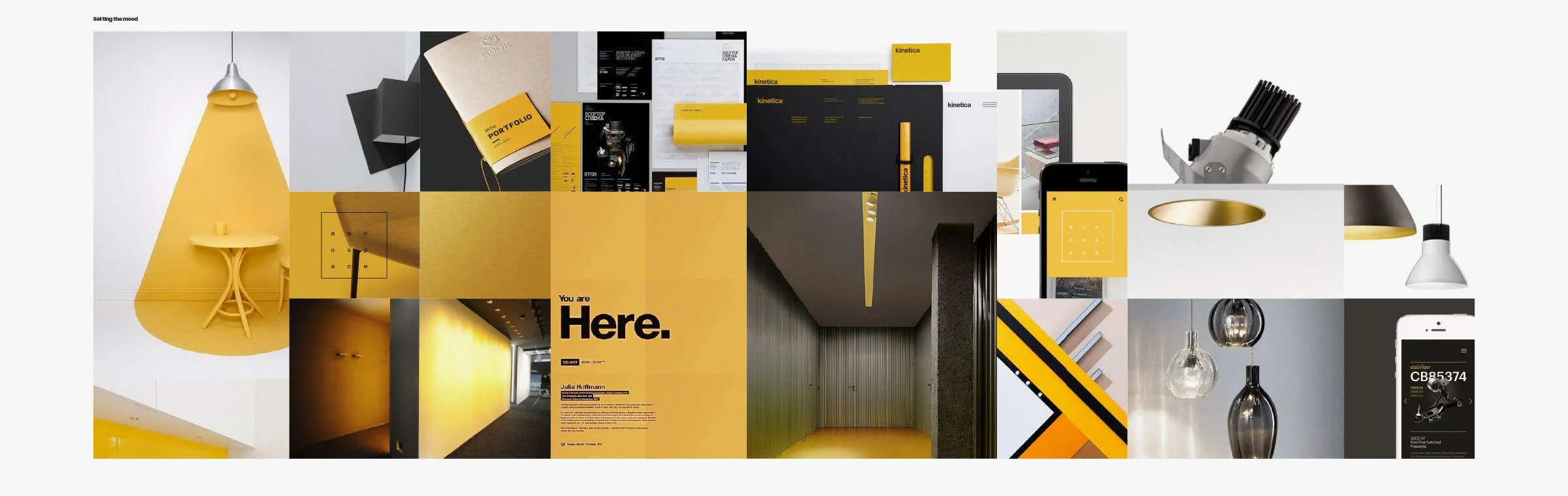 Kevin Schluter Design | Shimmer Branding | Moodboard | A collage of interior design and branding materials featuring yellow, black, gray, and white elements, including lighting fixtures, a brochure, electronic devices, and decor objects.