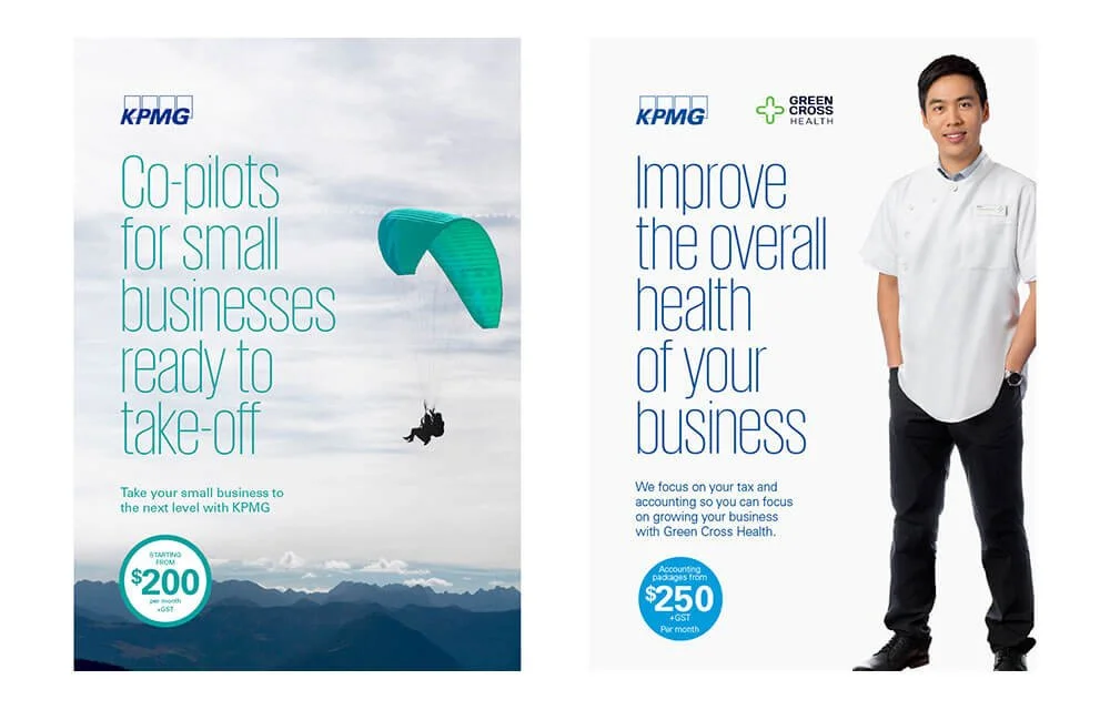 Two promotional posters. The left one shows a small plane with a parachute descending over mountains, with the KPMG logo and text about helping small businesses take off, starting at $200. The right one features a man in a white medical coat, with the KPMG and Green Cross Health logos, and text about improving overall health of your business, with accounting packages from $250 per month.
