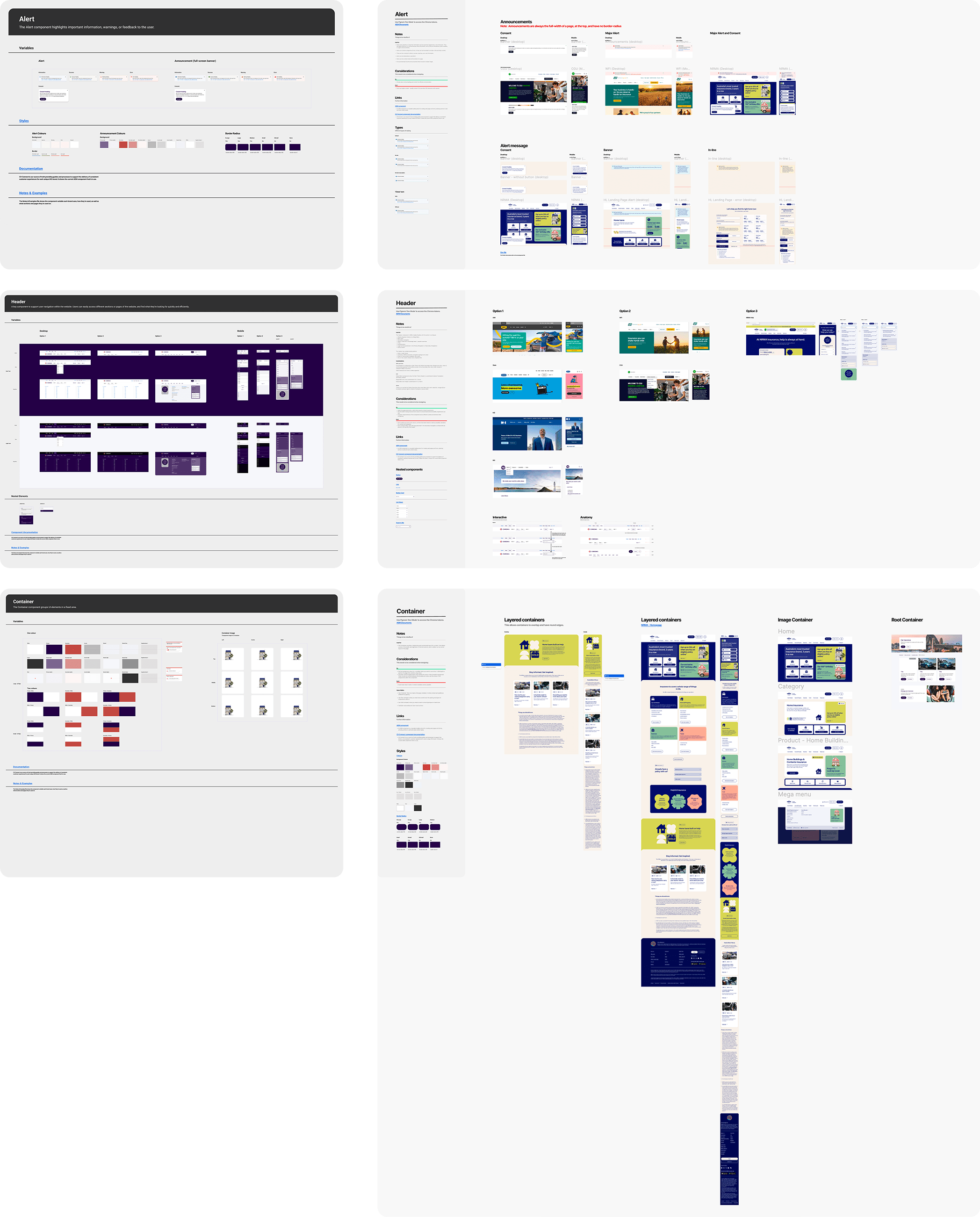 Kevin Schluter Design | IAG | AEM Design System | A compilation of various website design mockups and style guides displayed on multiple screens, showing layout options, color palettes, and components for a web project.