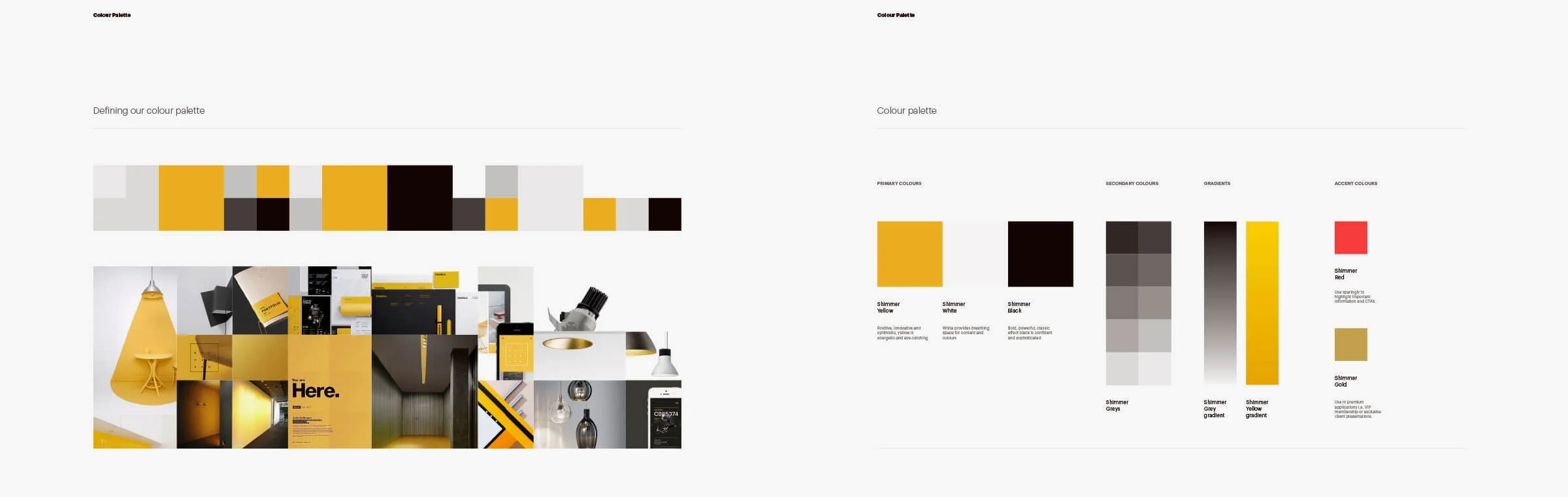 Kevin Schluter Design | Shimmer Branding | Color Palette | Featuring shades of yellow, black, white, gray, and red, with images of interior design, lighting fixtures, and design materials.
