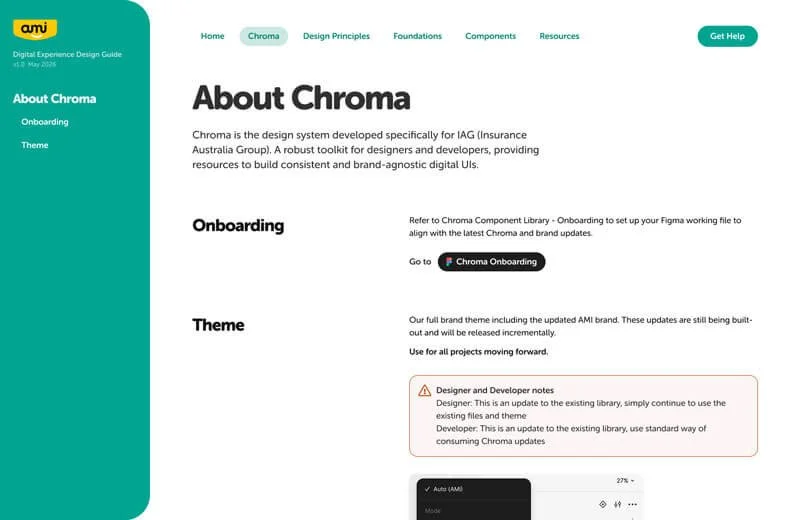 Kevin Schluter Design | IAG | AMI | Digital Experience Design Guide, 'About Chroma' describing its purpose for IAG Insurance Australia Group, with navigation links, a side menu, and sections on onboarding, theme, and notes.
