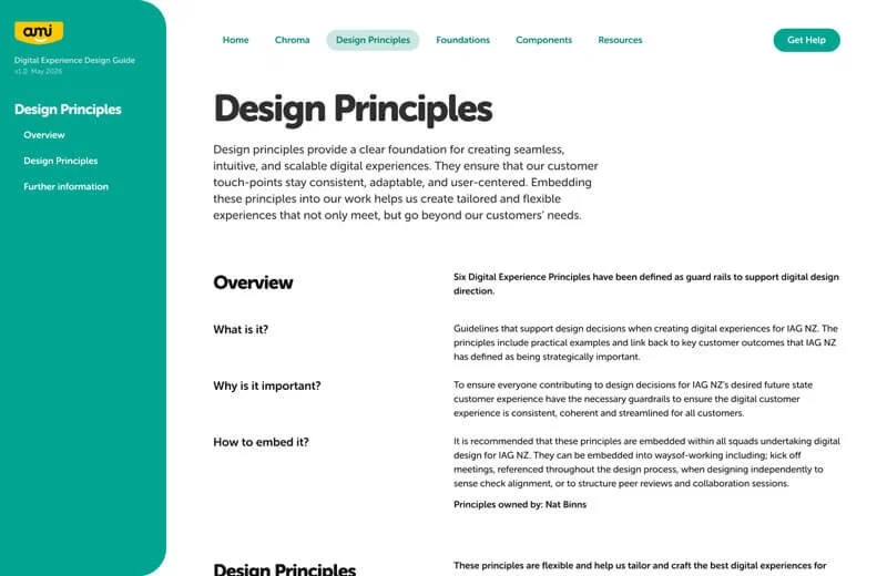 Kevin Schluter Design | IAG | AMI | Digital Experience Design Guide, 'Design Principles' with a sidebar menu, the logo 'amj' in the top left corner, and various sections discussing digital experience design principles.
