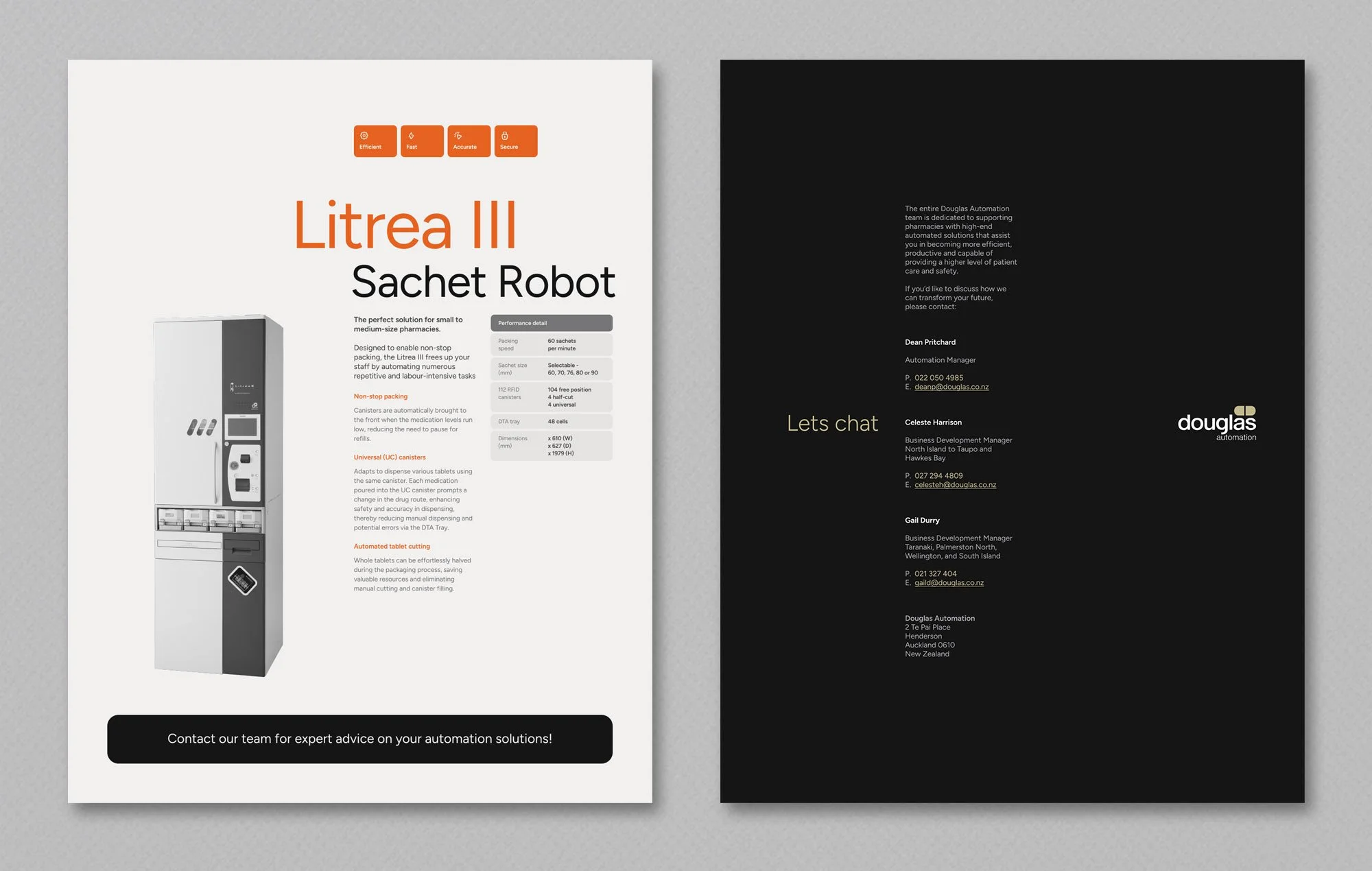 Kevin Schluter Design | Automation by Douglas | Service Design | A Deal Sheet for the Litea III sachet robot, showing an image of the vending machine and its features.