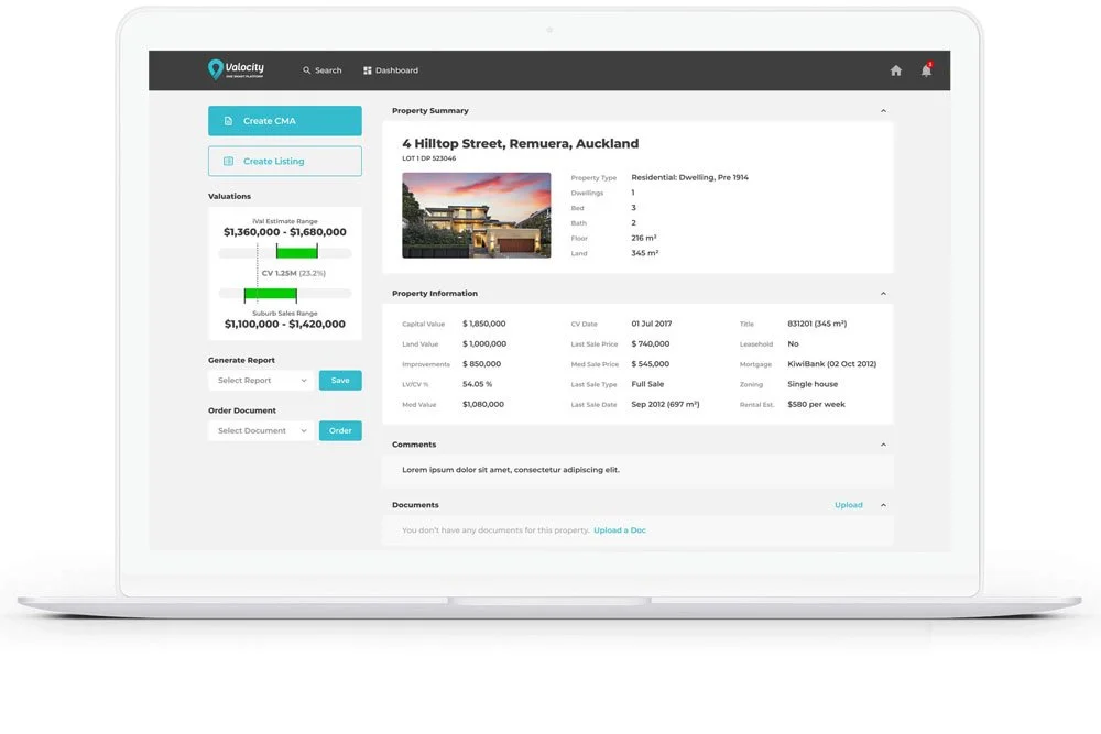 Screenshot of a property management software interface showing property details for 4 Hilltop Street, Remuera, Auckland, including valuation estimates, property information, and options to create reports and upload documents.