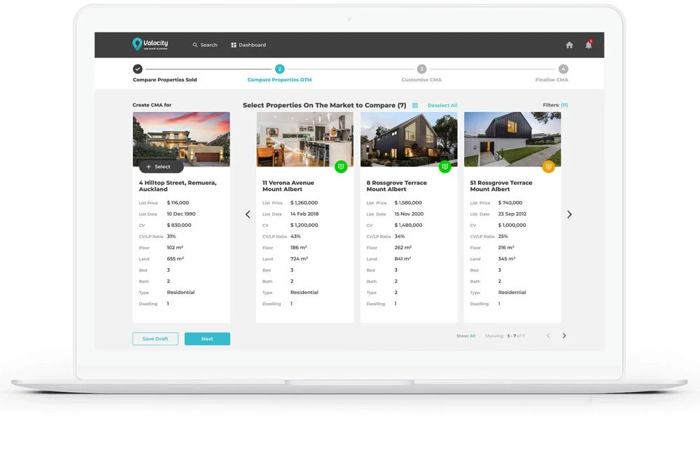 Screenshot of a real estate comparison platform displaying property details and images for seven properties for sale, including prices, locations, and features.