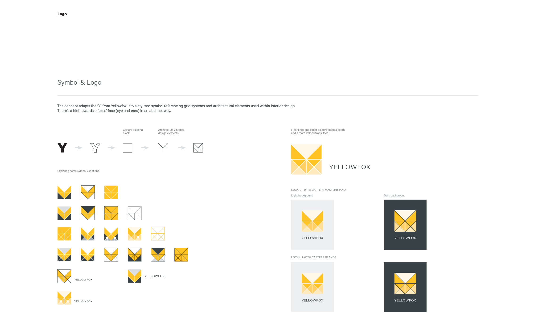 Kevin Schluter Design | Yellowfox | Branding | Infographic explaining the concept of a yellow fox logo design, illustrating various symbol variations, architectural elements, and logo lock-up options with color and background variations.