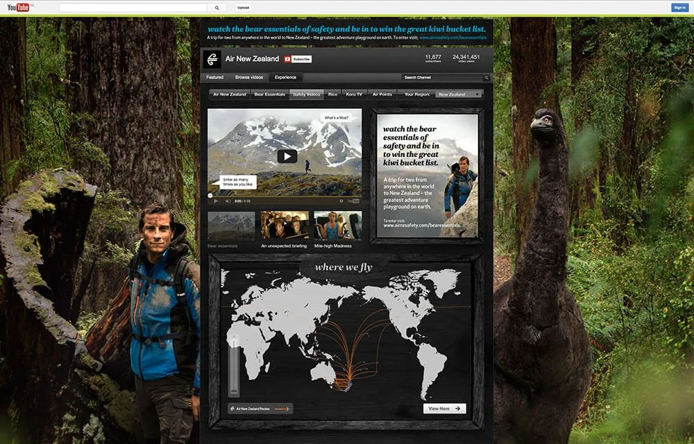 Screenshot of a YouTube page about New Zealand, overlaid on a forest background with a man in a blue jacket on the left and a large moai statue on the right.