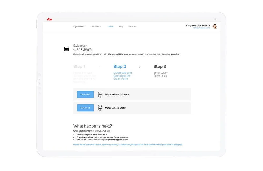 Screenshot of an online car insurance claim form for a motor vehicle accident or theft, with download buttons for claim documents.