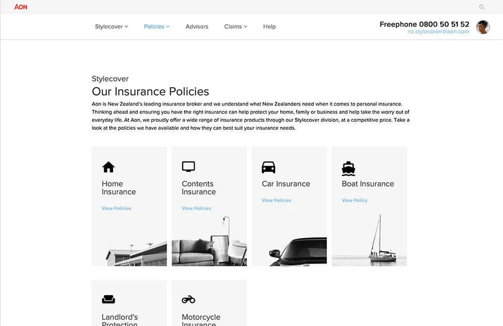 A webpage from Aon showing their insurance policies, including home, contents, car, boat, landlord's protection, and motorcycle insurance.