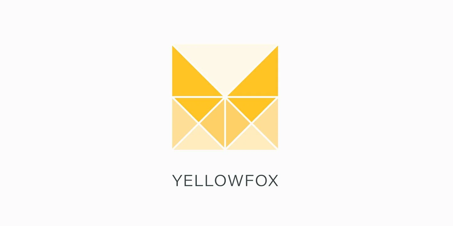 Kevin Schluter Design | Yellowfox | Branding | A geometric logo with a yellow fox face made of triangles, with the text "YELLOWFOX" underneath.