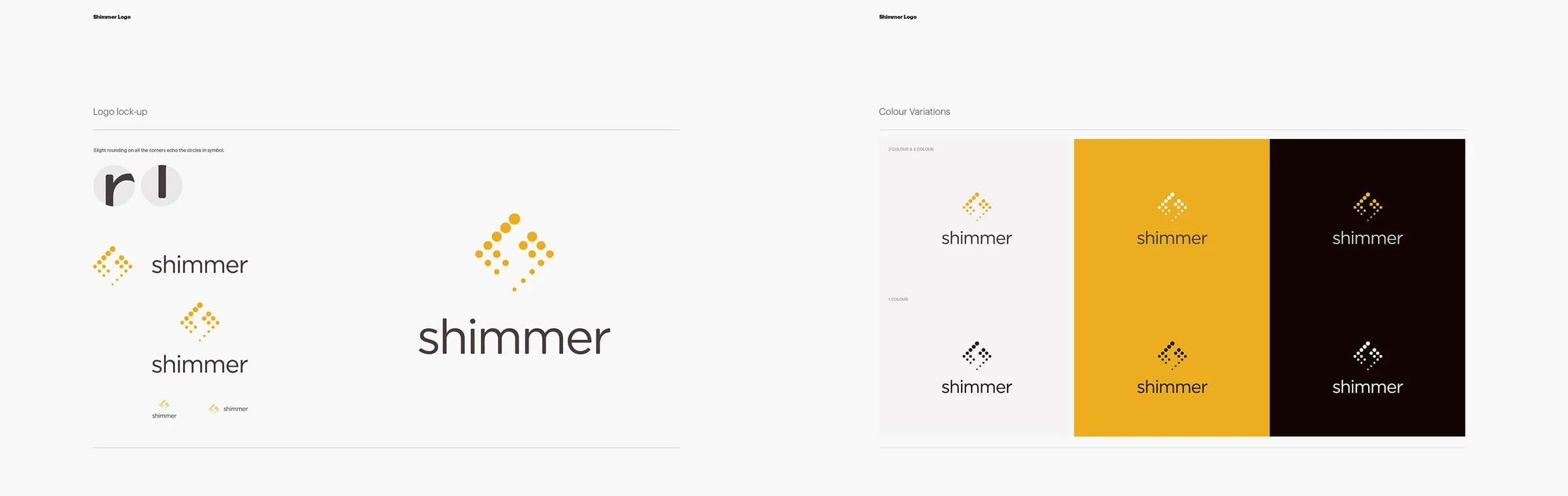 Kevin Schluter Design | Shimmer Branding | Logo and Logo lock-up | A branding style guide for a logo named 'shimmer' showing logo variations, color options in yellow and black, and layout examples.