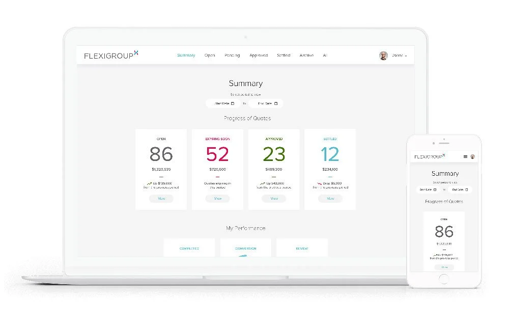 A responsive dashboard interface on a laptop and smartphone screen displaying project management data, including summary statistics and progress of quotes, with a clean, minimal design.