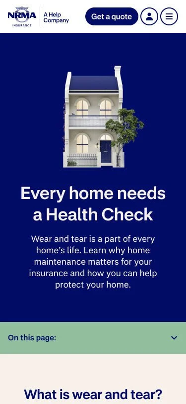 Kevin Schluter Design | IAG | NRMA | An illustration of a white, three-story house with a tree in front, set against a blue background, NRMA Insurance mobile webpage promoting home maintenance and health checks.