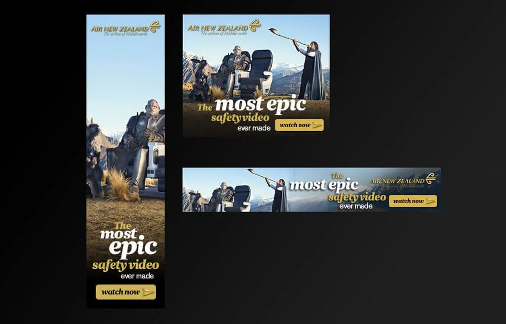Three different digital ads for Air New Zealand's safety video, depicting a scenic mountain background with a woman in a cape holding a long pole, and a man sitting next to a dog, with bold text promoting the safety video.