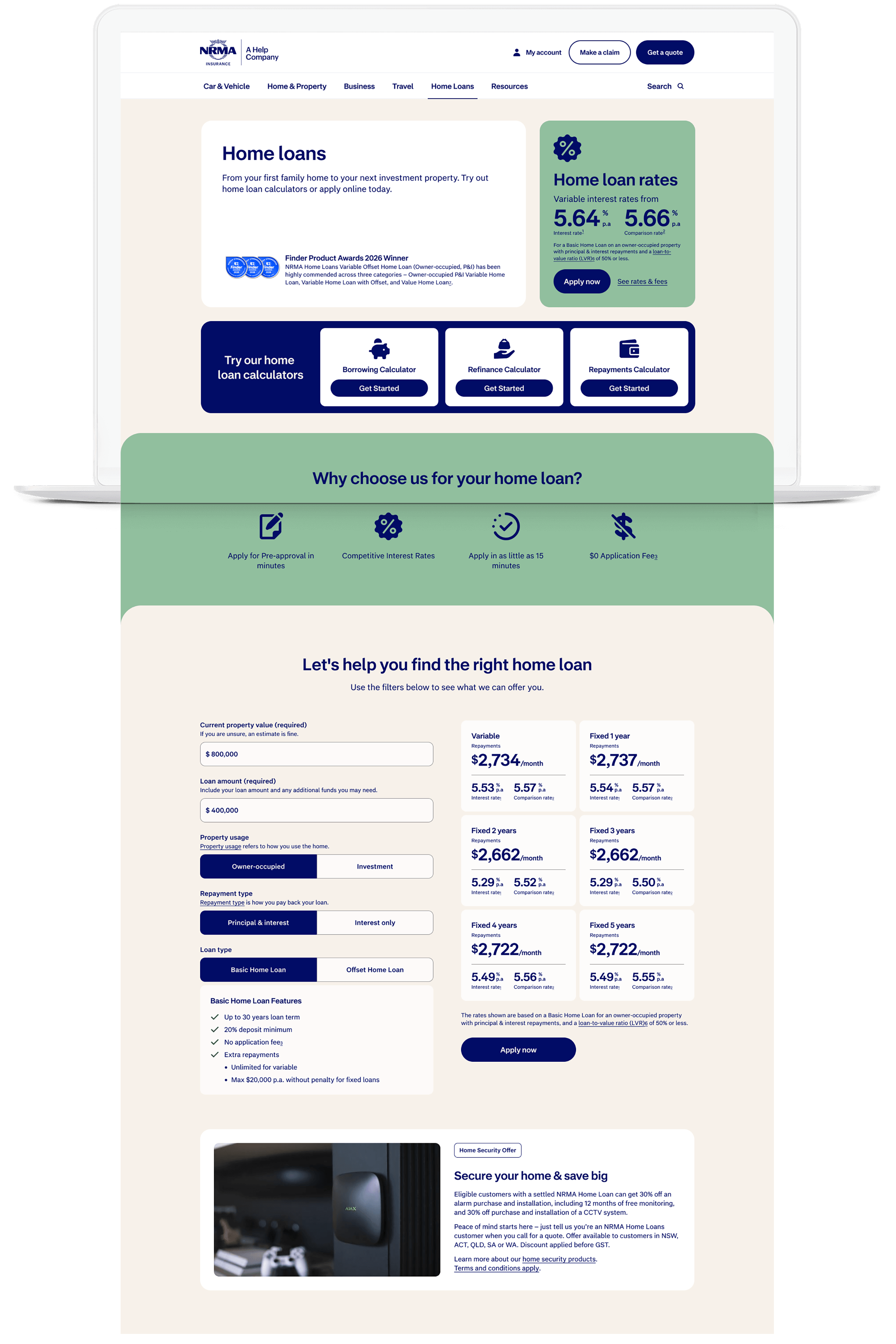 Kevin Schluter Design | IAG | NRMA Home Loans | Screenshot of a webpage from NRMA Insurance about home loans. The page features interest rates, loan calculators, and information on securing a home security system.