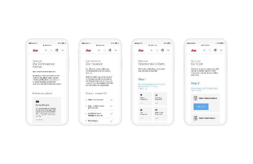 Four smartphones displaying different pages of an auto insurance claim app, showing policies, coverage details, claim process steps, and damage forms.