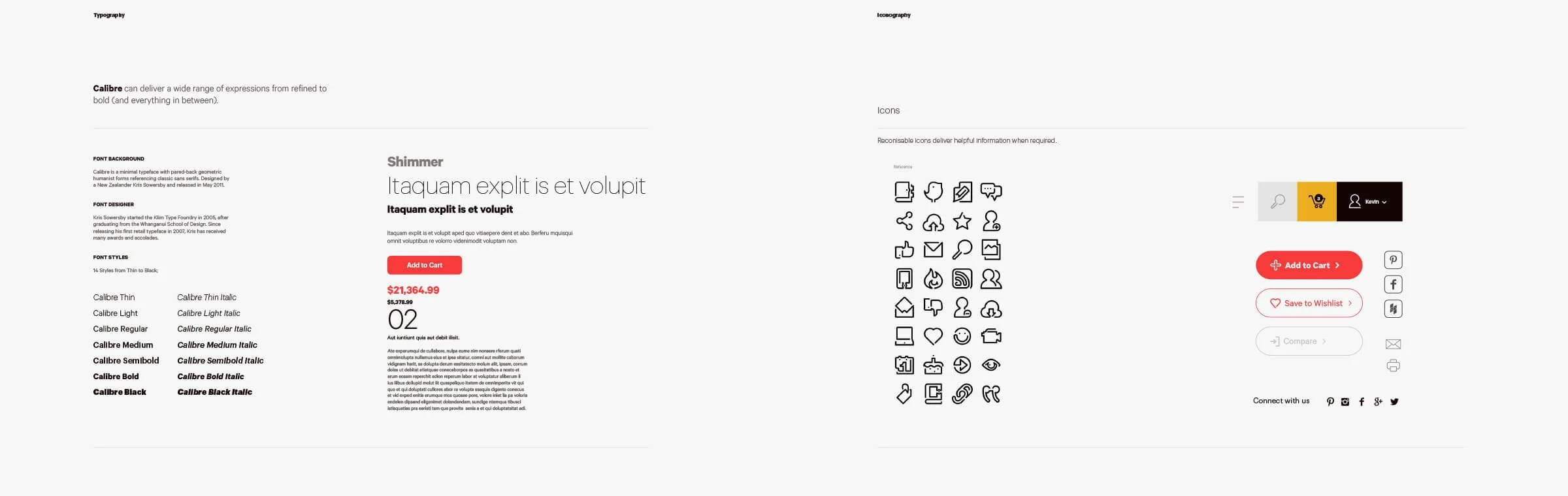 Kevin Schluter Design | Shimmer Branding | Type and Icons | Typography information, icons, and social media links, with a focus on a product description and add to cart button.