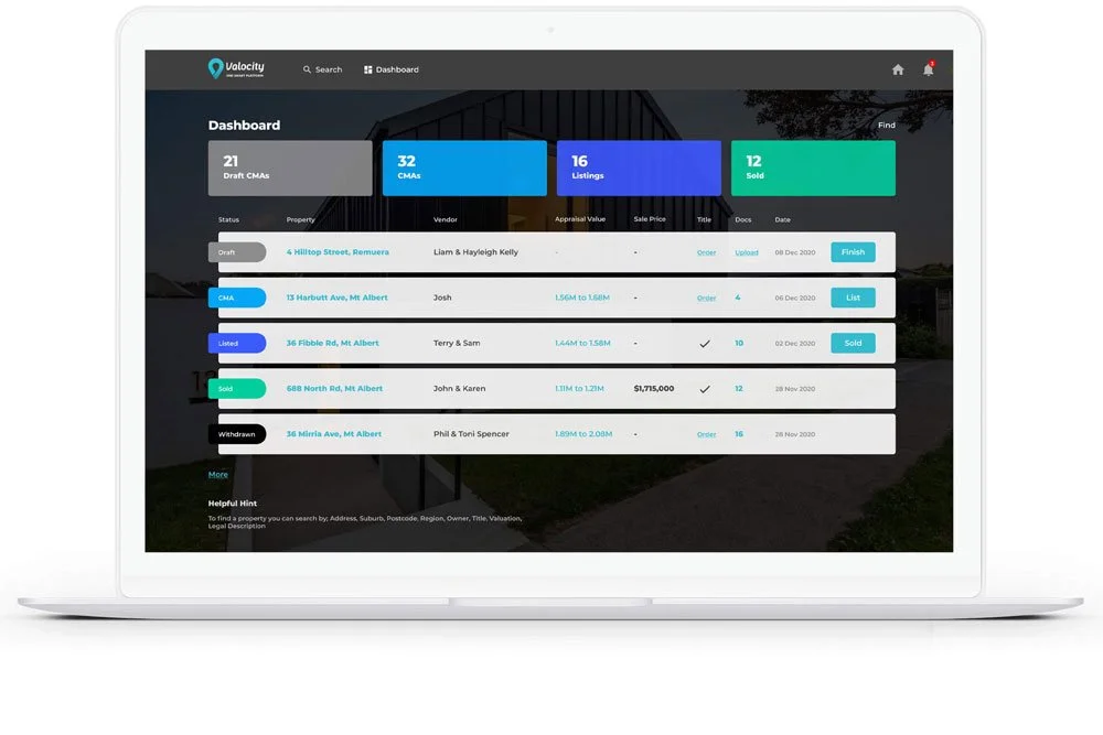 A computer screen displaying a real estate management dashboard with property listings, statuses, vendor details, sale prices, and dates.